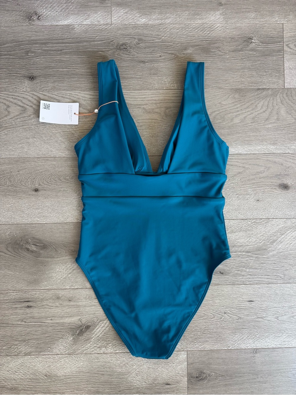 Quince Italian Plunge One Piece Swimsuit Lagoon Teal Blue Size Medium - Picture 3 of 9